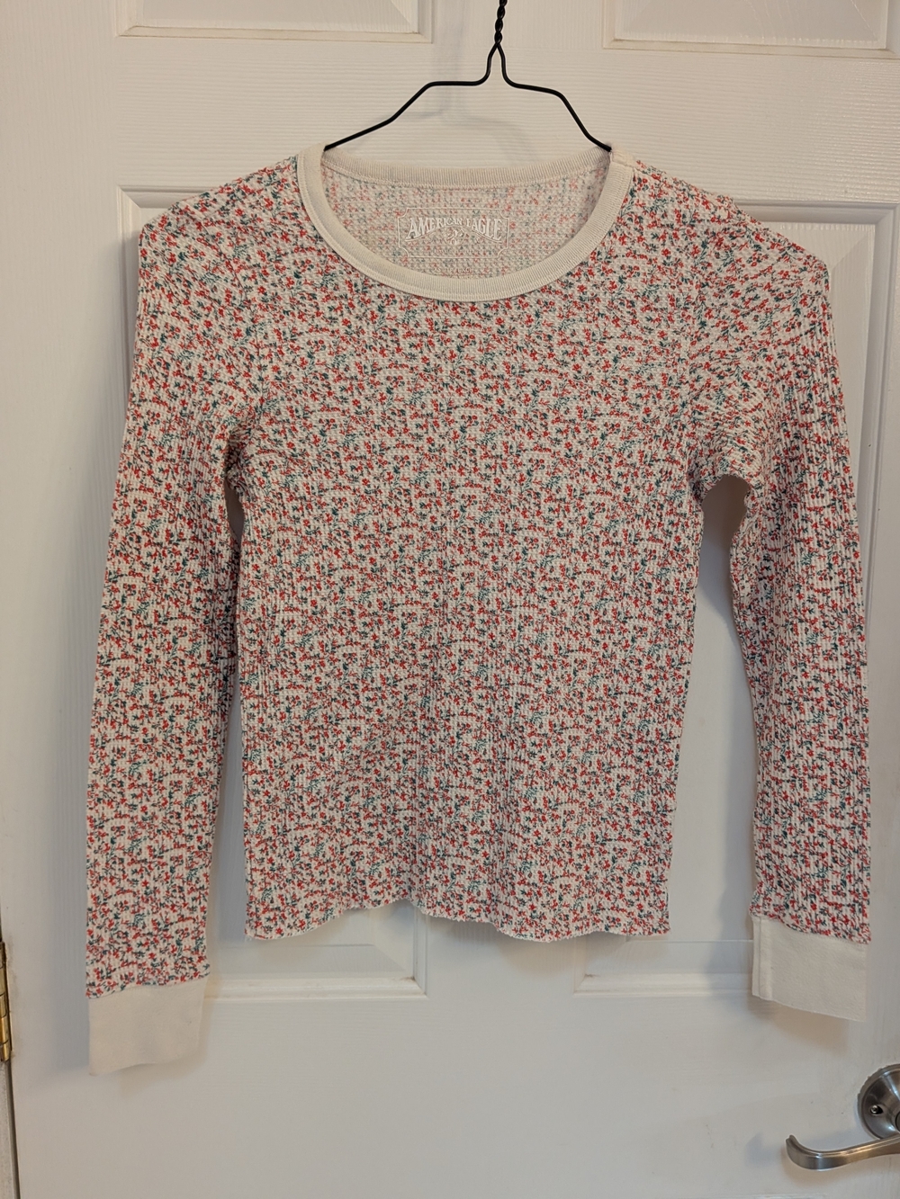 American Eagle Outfitters Cream Crewneck Sweater with Red & Green Floral Print